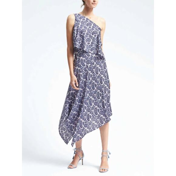 Banana Republic Women's Blue Paisley One Shoulder Asymmetrical Hem Dress Size 6 - Picture 1 of 6